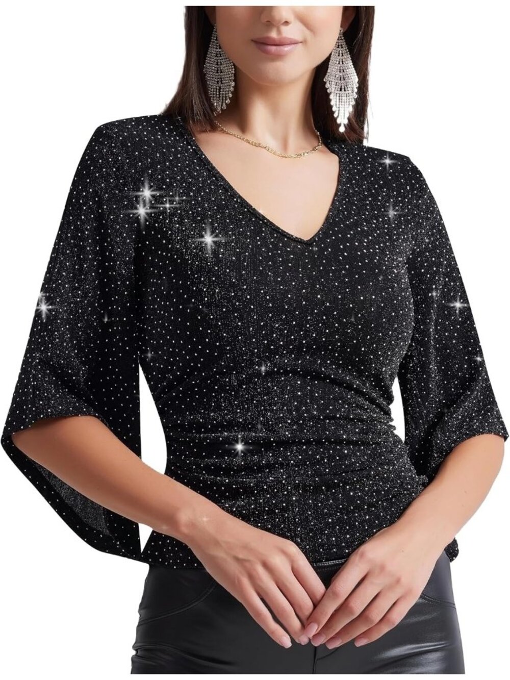 Women's Black V Neck Glitter Sparkly Blouse Shiny 3/4 Sleeve Cocktail Party Top